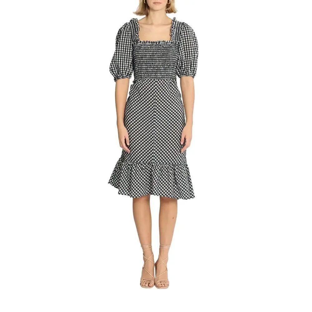 Ganni Gingham Check Seersucker Square Neck Puff Sleeve Dress Black White 12/44